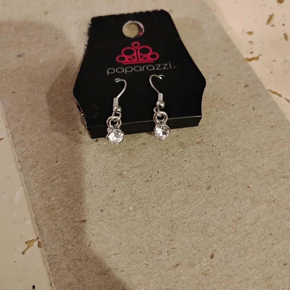 Paparazzi (R) Hanging Earrings Silverton FishHooks Christal White Rhinestones